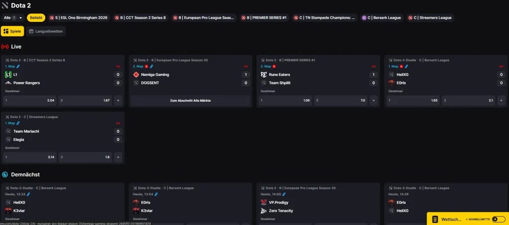 Winhero Casino eSports Bereich mit Dota 2 Live Wetten und aktuellen Spielen