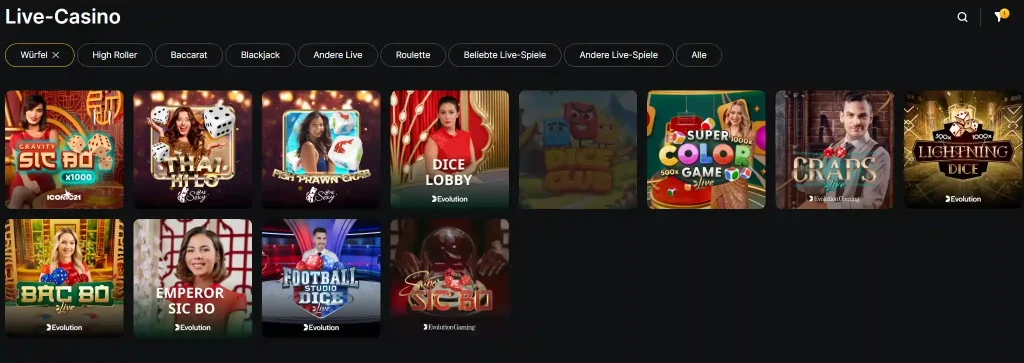 Winhero Casino Live Casino Bereich mit Roulette, Blackjack und Würfelspielen