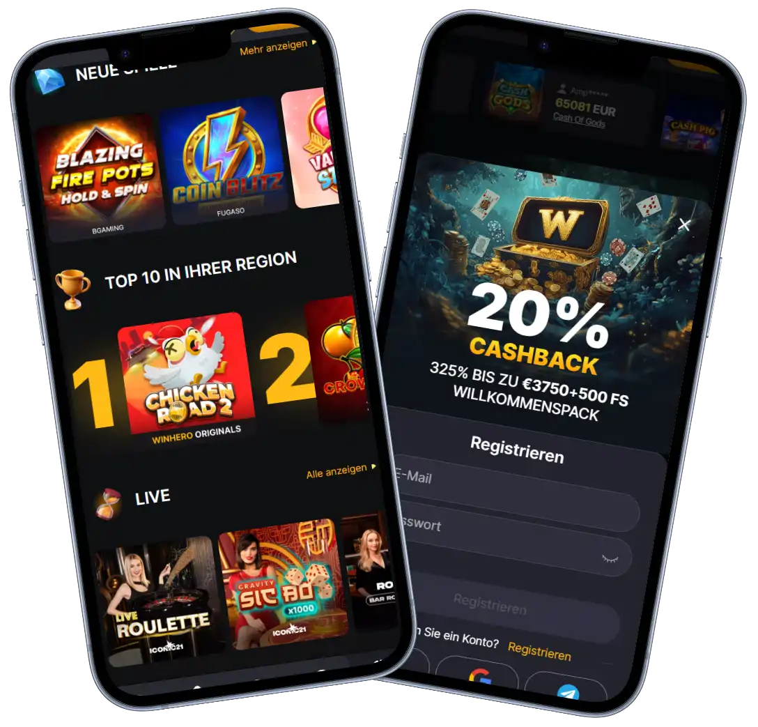 Winhero Casino Mobile App mit Spiele Top Liste Live Casino und Cashback Bonus Anzeige
