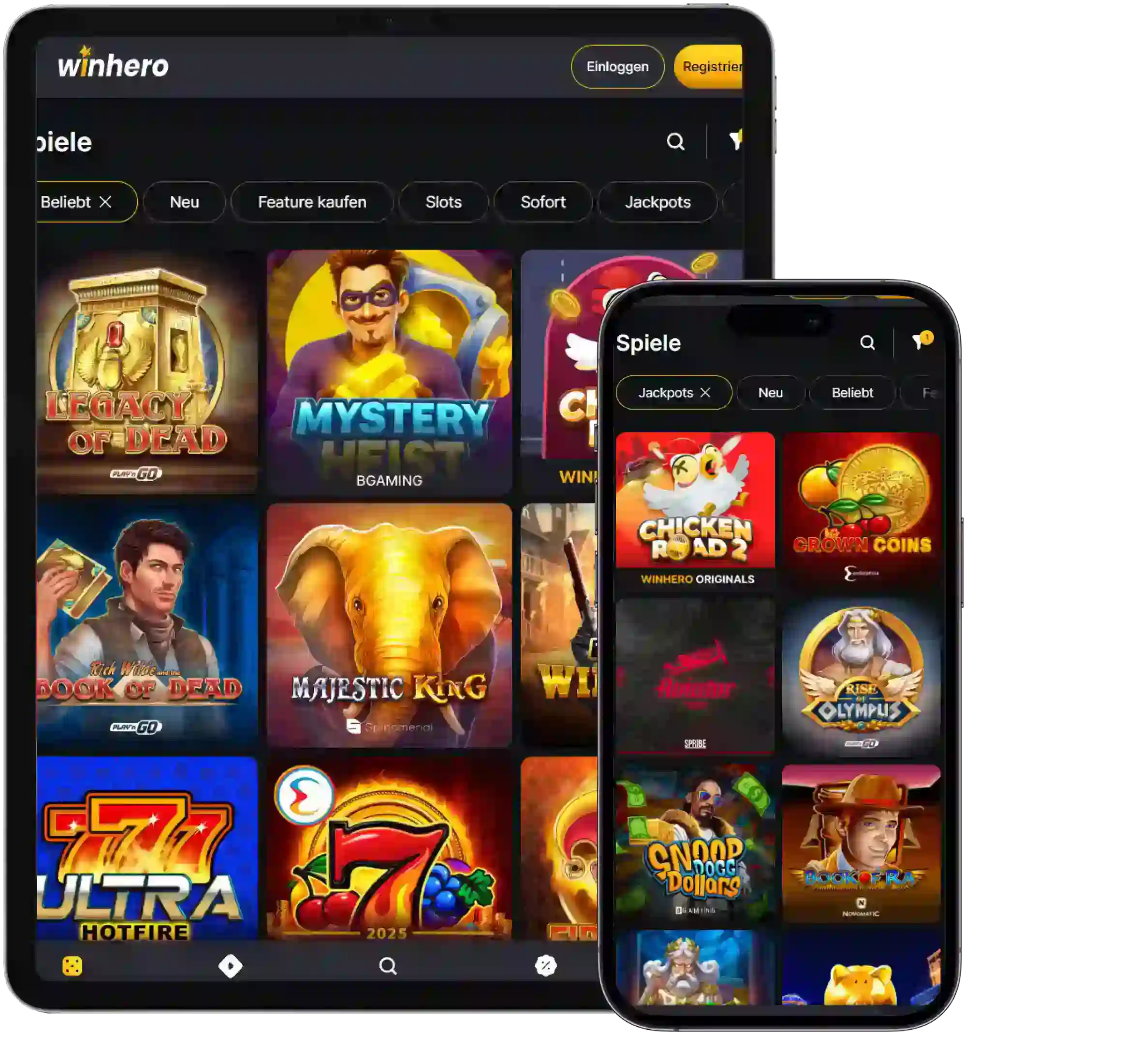 Winhero Casino Spiele Lobby auf Smartphone und Desktop mit Slots und Kategorien