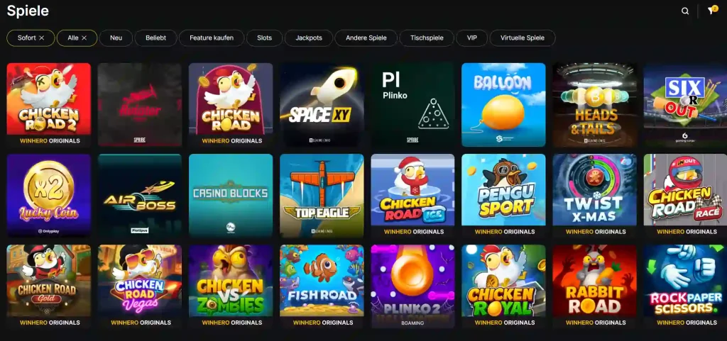 Winhero Casino Spiele Lobby mit Auswahl an Slots und Instant Games