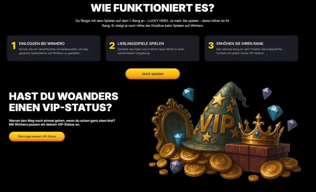 Winhero Casino VIP System mit Status Übertragung und Belohnungen Darstellung